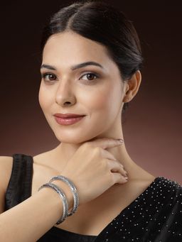 NVR - Women Silver-Toned German Peacock Design Oxidised Kada Bangle