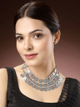 NVR - Women 3 Layered Artificial Beads German Silver Oxidised Necklace