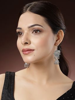 NVR - Women Silver-Toned Elephant Design German Oxidised Dome Shaped Jhumka Earrings