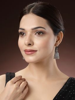 NVR - Women Silver-Toned German Oxidised Dome Shaped Jhumka Earrings