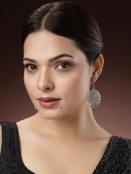 NVR - Women Silver-Toned Circular shape German Oxidised Drop Earrings