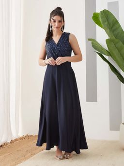 Latin Quarters - Blue Embellished Sequined A-Line Dress