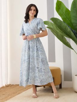 Latin Quarters - Blue Printed Wrap Dress