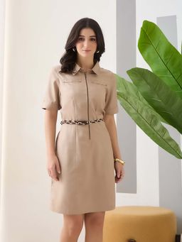 Latin Quarters - Beige Solid Plain Shirt Dress with Belt