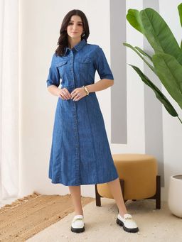 Latin Quarters - Blue Solid Plain Shirt Dress