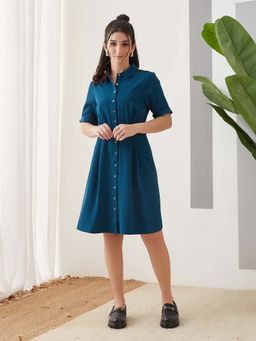 Latin Quarters - Teal Solid Plain A-Line Dress