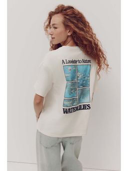 H&M - Women Beige Oversized Print-Motif T-Shirt