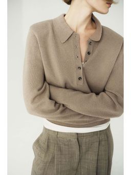 H&M - Women Beige Shoulder-Pad Polo Jumper