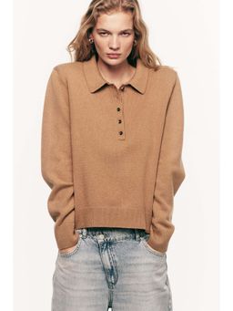 H&M - Women Beige Shoulder-Pad Polo Jumper