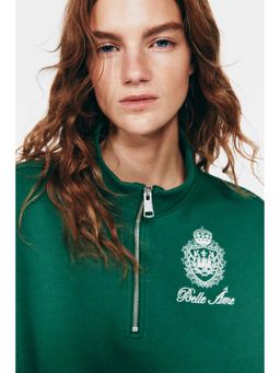 H&M - Women Green Motif-Detail Zip-Top Sweatshirt