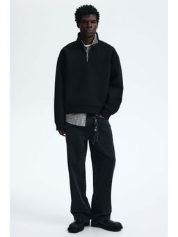 H&M - Men Black Loose Fit Zip-Top Scuba Sweatshirt