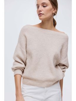 H&M - Women Beige Oversized Boat-Neck Jumper