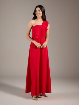 Twenty Dresses by Nykaa Fashion - Cherry Red Solid Ruffled Layered One Shoulder Maxi Gown