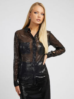 Guess - Black Embellished Spread Collar Full Sleeves Shirt for Women