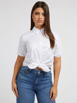Guess - White Solid Spread Collar Short Sleeves Shirt for Women