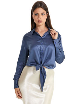 Guess - Blue Solid Spread Collar Full Sleeves Shirt for Women