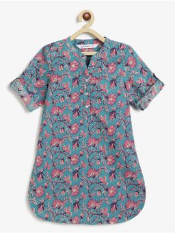 Campana - Girls Urvashi Kurta - Seamless Floral Print - Teal & Purple