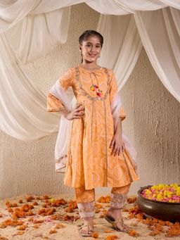 PSPeaches - Orange bandhej Anarkali Kurta and Pyajama with Dupatta (Set of 3)