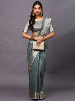 Akhilam - Women's Linen Blend Sea Green Woven Design Designer Saree with Unstitched Blouse