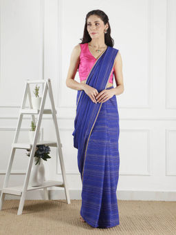ANECDOTES - Women Blue Cotton Stripes Saree with Unstitched Blouse