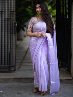I LOVE SAREES - Women Lavender Organza Embroidered Saree with Unstitched Blouse