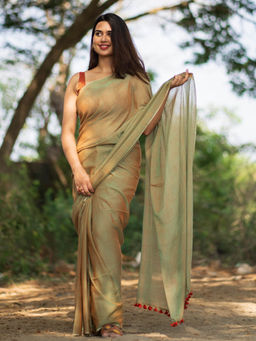 I LOVE SAREES - Women Green Cotton Solid Saree with Unstitched Blouse