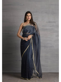 Sutra Attire - Women Navy Blue Silk Embellished Saree with Unstitched Blouse