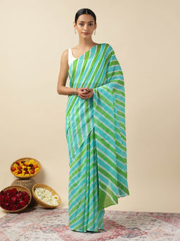 Moora - Women Green Cotton Stripes Saree with Unstitched Blouse