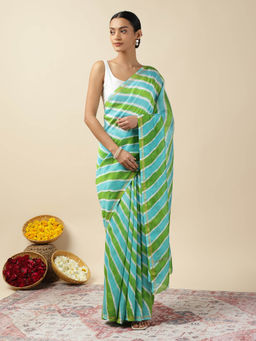 Moora - Women Green Chanderi Stripes Saree with Unstitched Blouse
