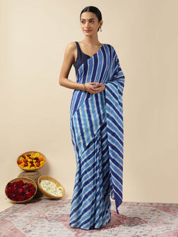Moora - Women Navy Blue Cotton Stripes Saree with Unstitched Blouse