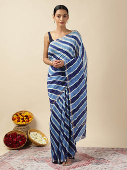 Moora - Women Blue Chanderi Stripes Saree with Unstitched Blouse