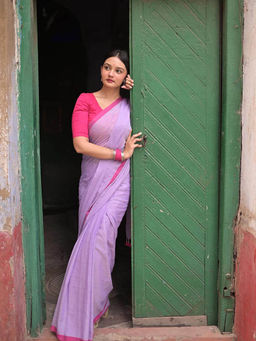 Moora - Women Lavender Cotton Solid Saree with Unstitched Blouse