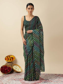 Moora - Women Green Cotton Stripes Saree with Unstitched Blouse