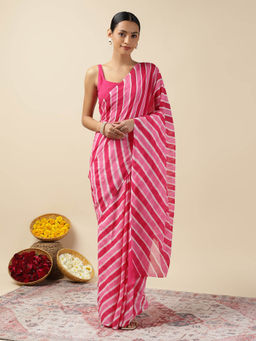 Moora - Women Pink Cotton Stripes Saree with Unstitched Blouse