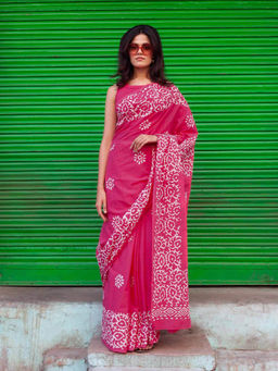 Moora - Women Pink Cotton Floral Saree with Unstitched Blouse