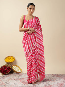 Moora - Women Pink Chanderi Stripes Saree with Unstitched Blouse