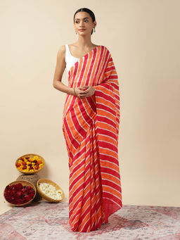 Moora - Women Red Cotton Stripes Saree with Unstitched Blouse