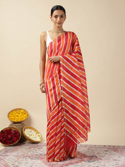 Moora - Women Red Chanderi Stripes Saree with Unstitched Blouse