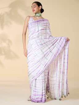 Okhai - Women White Silk Tie & Dye Saree with Unstitched Blouse