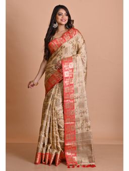 Unnati Silks - Beige Fancy Banarasi Silk Saree with Unstitched Blouse