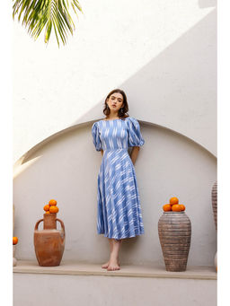 AlterEGO - Blue Ansley Printed Weaved Back Tie-Up Midi Dress