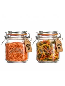 Kilner - Premium Airtight Square Wire Clip Top Glass Food Jar Kitchen 1L (Pack Of 2)