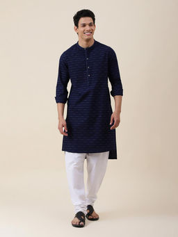 Fabindia - Navy Blue Cotton Printed Slim Fit Long Kurta
