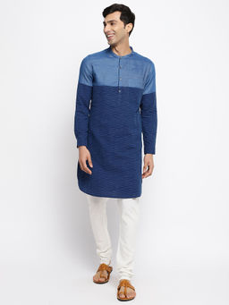 Fabindia - Navy Blue Cotton Blend Colorblock Long Kurta