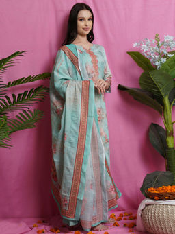 Stylee LIFESTYLE - Blue Satin Digital Printed Unstitched Dress Material (Set of 3)