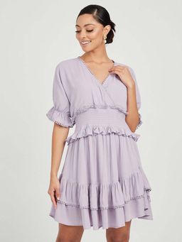 Styli - Lavender V Neck Short Sleeves Smocked Detail A-line Mini Dress