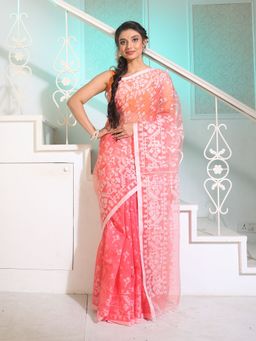 CHARUKRITI - Flamingo Pink Muslin Silk Handwoven Saree with Texture Designs with Unstitched Blouse
