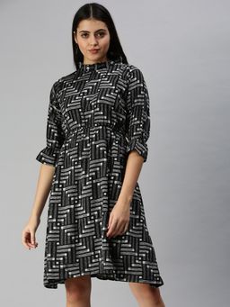 SHOWOFF - Women Black Geometric Ruffled Neck Dress