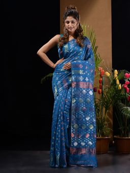 CHARUKRITI - Sapphire Blue Handwoven Saree with Triple Tone Zari Designs & Motifs