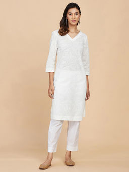 Fabindia - White Cotton Hand Block Printed Knee Length Kurta